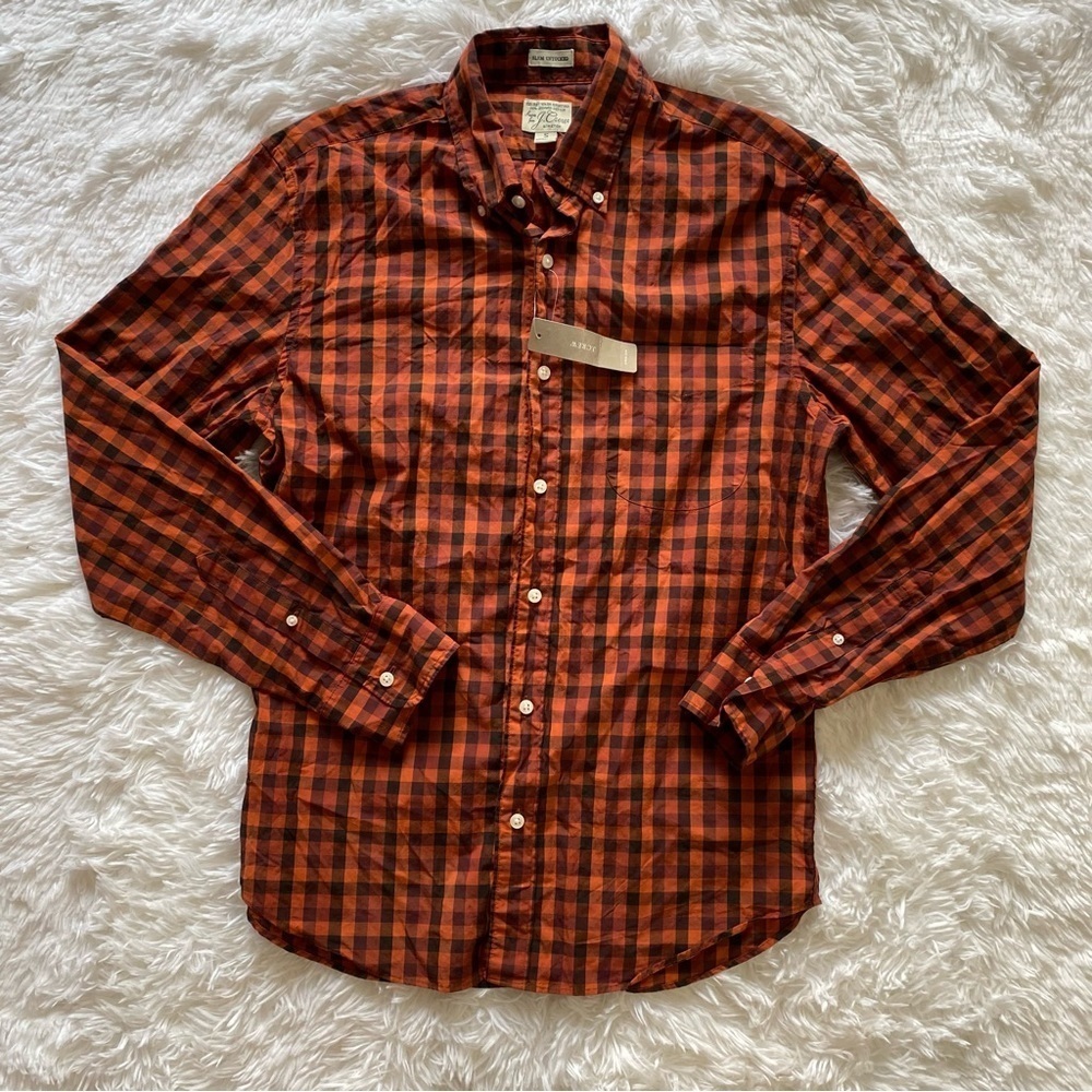 NWT J. Crew slim untucked organic cotton plaid shirt - orange & warm tones